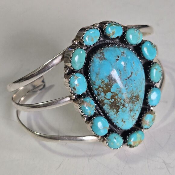 Vintage Navajo Sterling Turquoise Cluster Cuff Bracelet 48g Large 7.5" Stamped - Picture 4 of 13